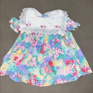 VINTAGE Watercolor Floral Baby Dress with Lace Trim and Rose Appliqués